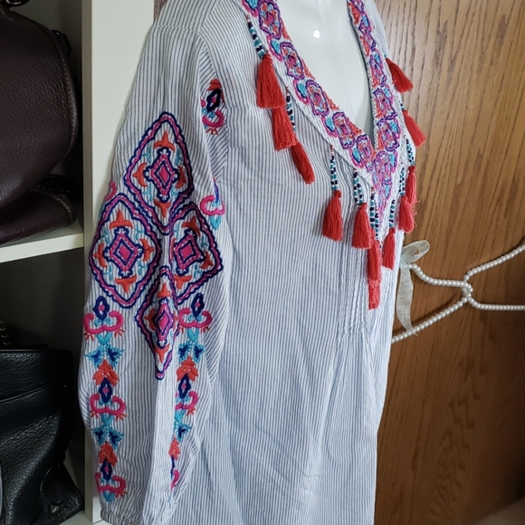 Chicos 2p blue stripe embroidered top tassles L - Picture 5 of 6